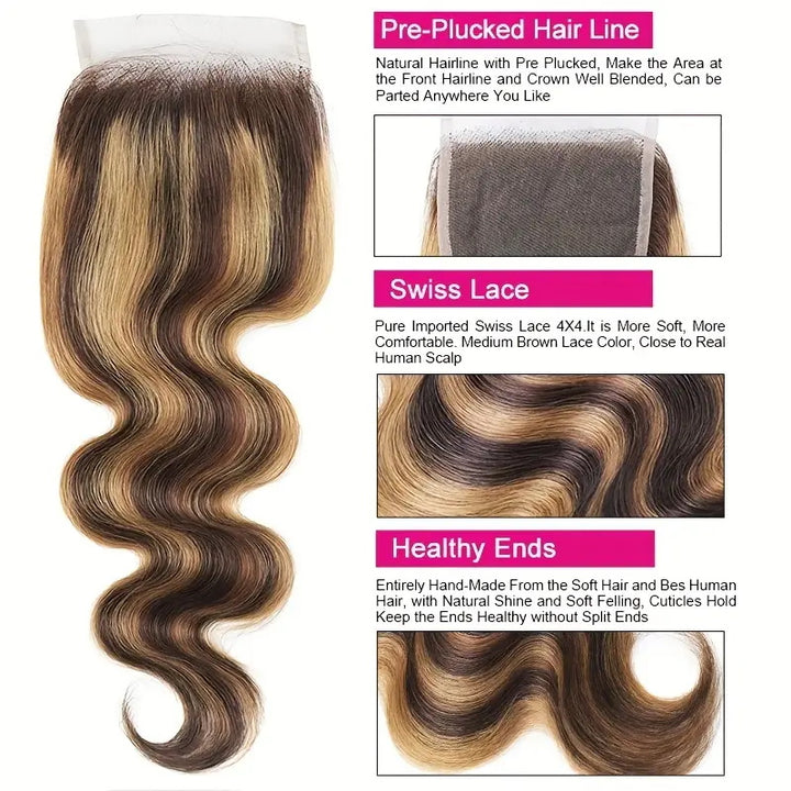Overnight Shipping Honey Blonde Body Wave Hair 3 Bundles With 4*4 Lace Closure