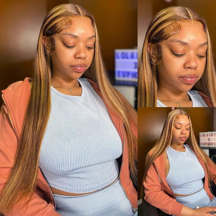 Widows-Peak-Wig| Highlight Human Hair Honey Blonde Colored Straight 13x4 Lace Frontal Wear To Go Wigs