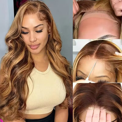 PPB Wear & Go Highlight Brown Wigs Silky Straight Pre-plucked Bleached Knots Glueless 13x4 Lace Front Wigs