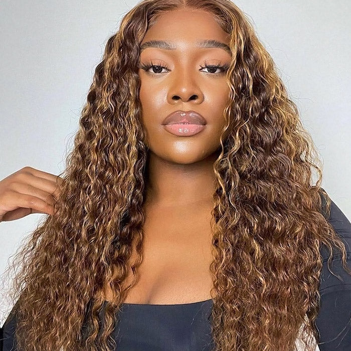 Glueless Pre-Bleached 5x5 HD Lace Closure Wigs Water Wave Piano #4/27 Highlight Wear And Go PPB Wigs