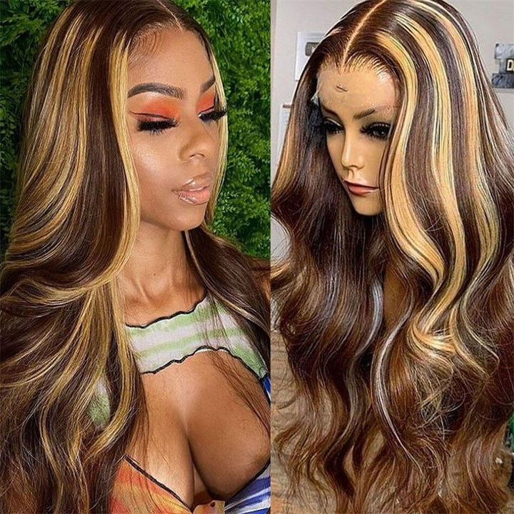 Highlight Wig 13x4 Honey Blonde Ombre Colored Body Wave Lace Front Wig With 3 Cap Sizes