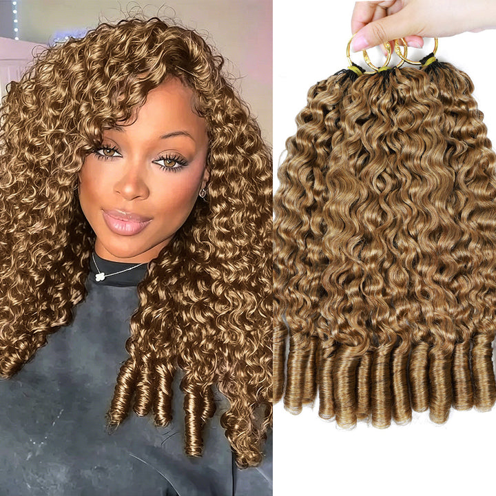 #27 Honey Blonde Burmese Curly Feather Crochet Human Hair Quick Weave with Spiral Curly End Boho Braids Hair Extensions