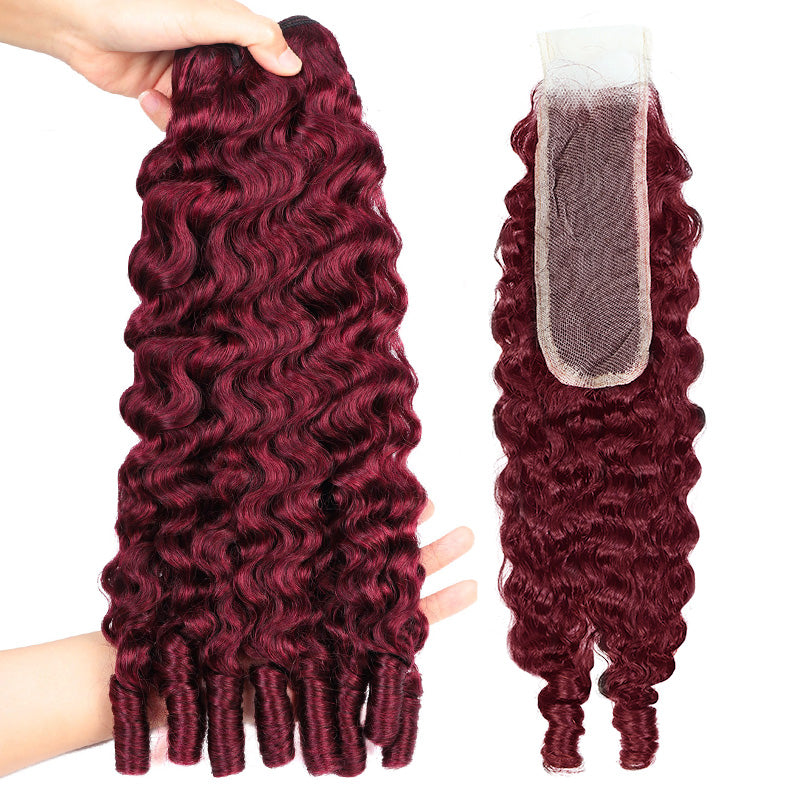 99J Burgundy Burmese Curly Human Hair Bundles with 2x6 Deep Part Lace Closure Virgin Hair Quick Weave