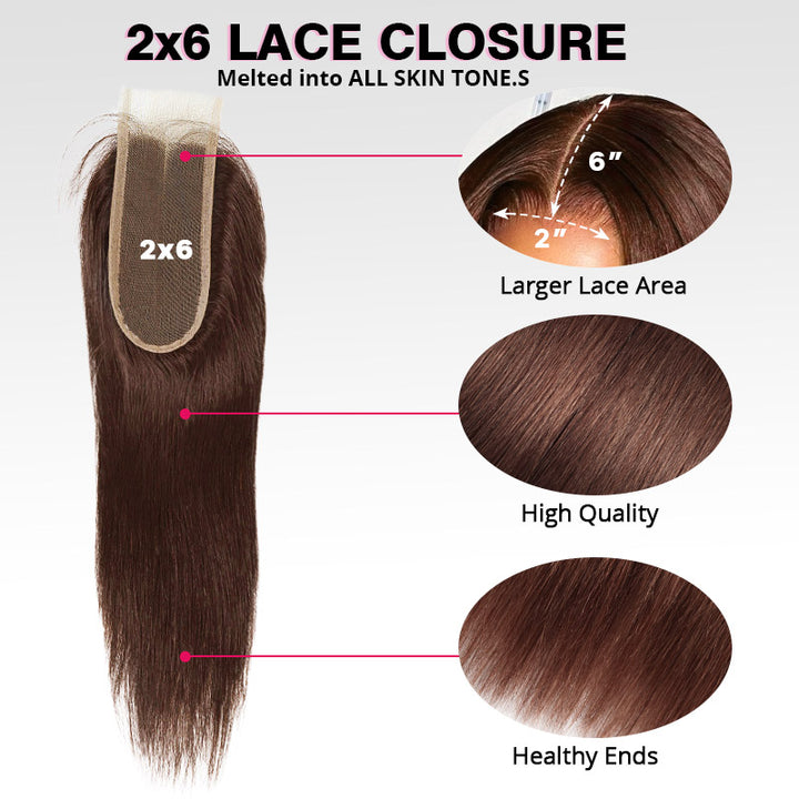 Brown Colored Hair Bundles with 2x6 Lace Closure Straight Human Hair 3 Bundles with Lace Closure