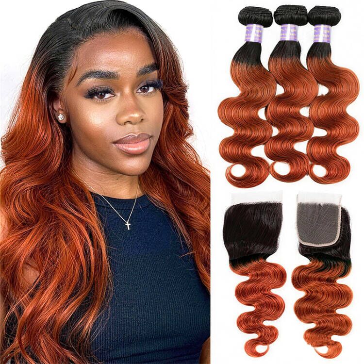 1B/350 Ombre Human Hair Body Wave 3 Bundles with 4x4 Closure 2 Tone Ginger Orange Hair Weave - AlloveHair