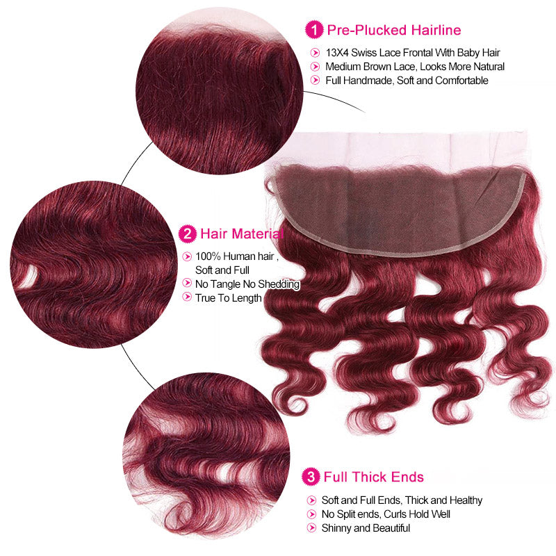 #99J Burgundy Body Wave Human Hair 3 Bundles With 13x4 13x6 HD Lace Frontal Colored Hair Weave Weft Extensions - AlloveHair