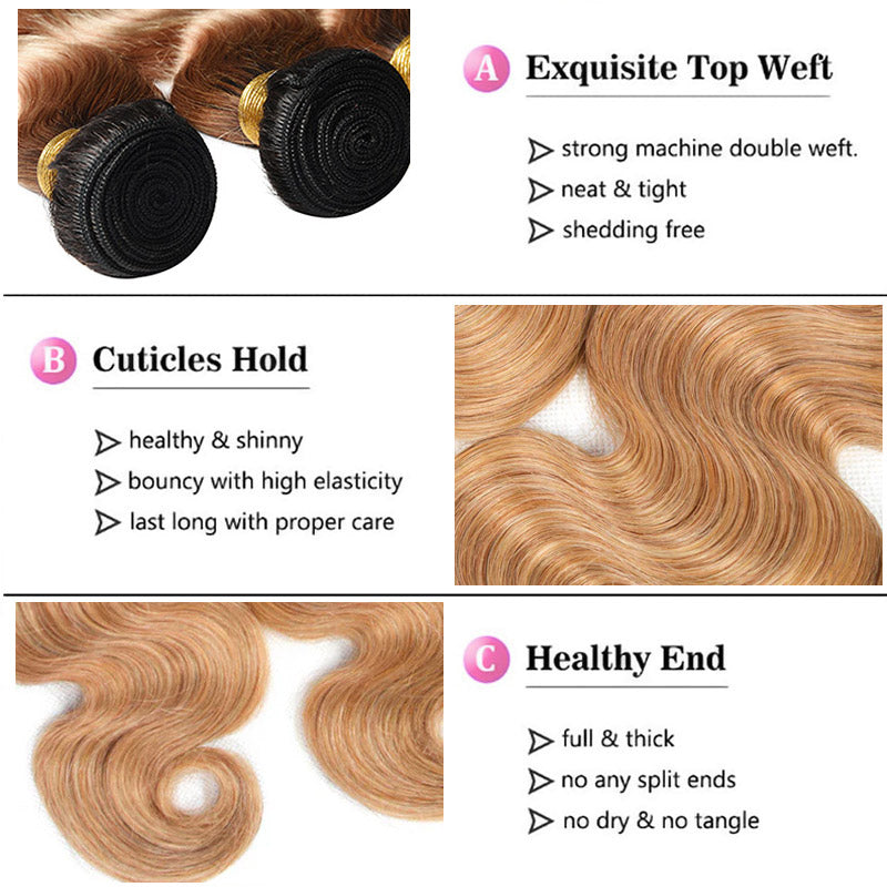 8-30 Inch Brazilian Hair Body Wave 3 Bundles With 13x4 13x6 Lace Frontal Closure Ombre 1B/27 Color - AlloveHair