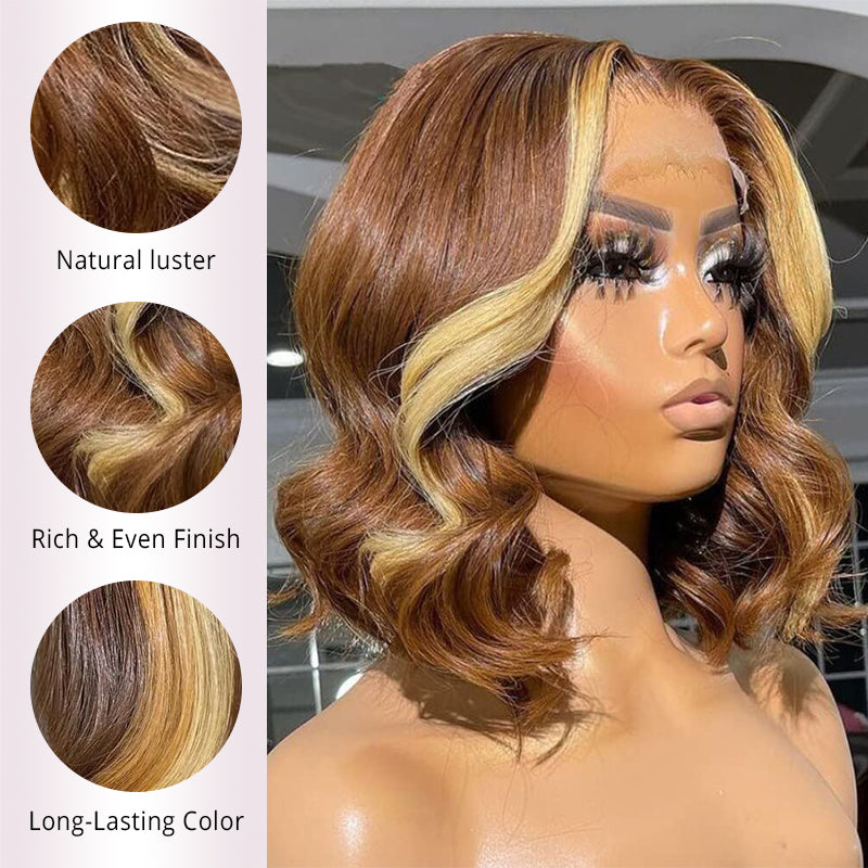 Brown With Blonde Highlight Body Wave Lace Front Wigs Human Hair 200% Density Short Wigs for Black Women
