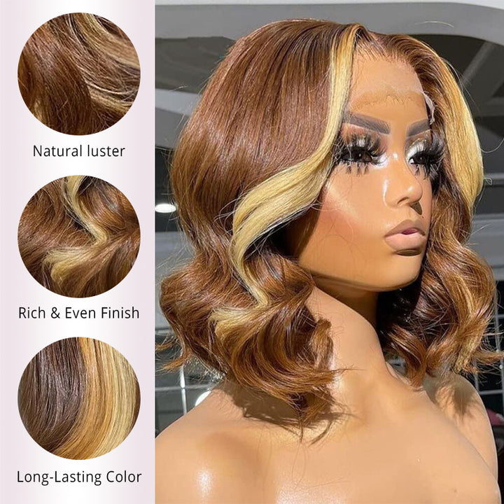 Brown With Blonde Highlight Body Wave Lace Front Wigs Human Hair 200% Density Short Wigs for Black Women