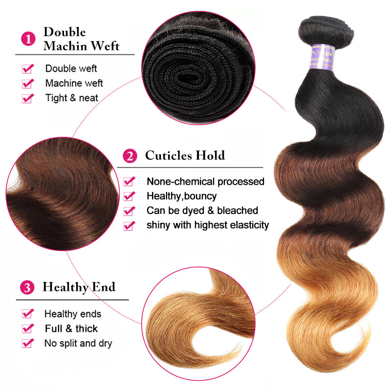 Ombre 1B/4/27 Body Wave Virgin Human Hair 3 Bundles with 4x4 5x5 HD Lace Closure - AlloveHair