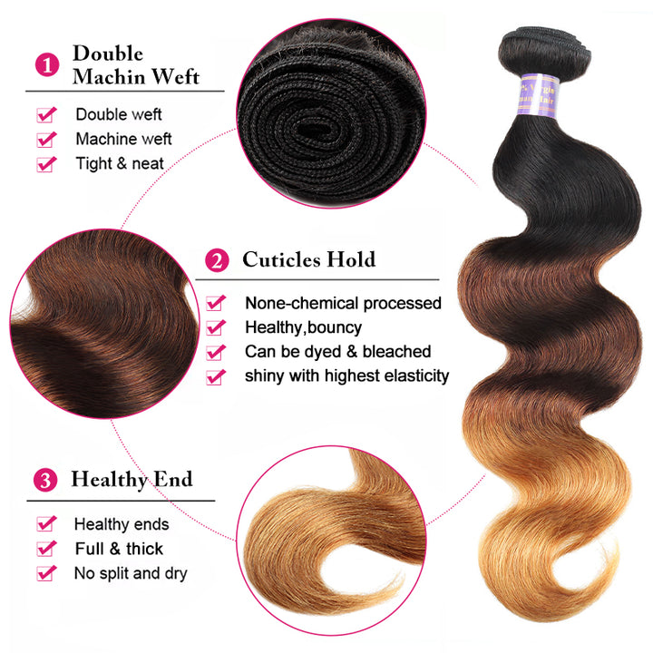 Ombre 1B/4/27 Body Wave Virgin Human Hair 3 Bundles with 4x4 5x5 HD Lace Closure - AlloveHair