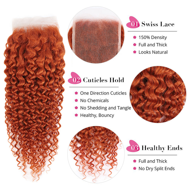 Curly Bundles with 4x4 Lace Closure Remy Human Hair #350 Ginger Orange Color Human Hair Weave - AlloveHair