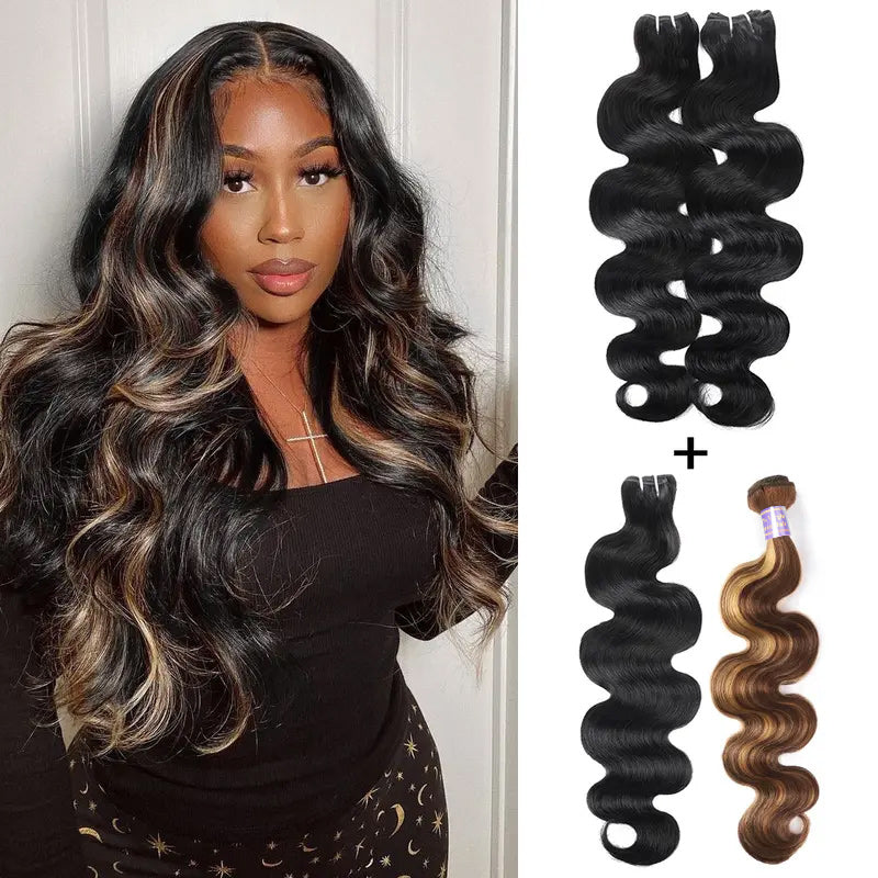 1B/4/27 Highlight Bundles Body Wave Human Hair 15A Brazilian Virgin Hair Skunk Stripe Color Quicky Weave for Sew In - AlloveHair