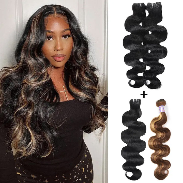 1B/4/27 Highlight Bundles Body Wave Human Hair 15A Brazilian Virgin Hair Skunk Stripe Color Quicky Weave for Sew In - AlloveHair