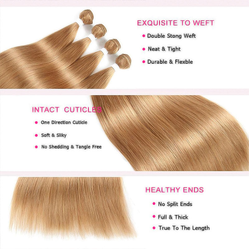 #27 Straight Hair Bundles With 13x4 13x6 Lace Frontal Honey Blonde Color 3 Bundles With Ear to Ear Lace Frontal Closure - AlloveHair
