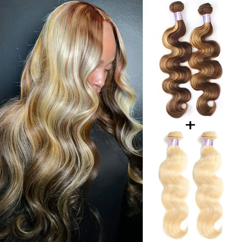 P4/27/613 Highlight Human Hair Bundles Body Wave Brazilian Virgin Hair for Sew In Quick Weave Hair Extensions Skunk Stripe Color - AlloveHair