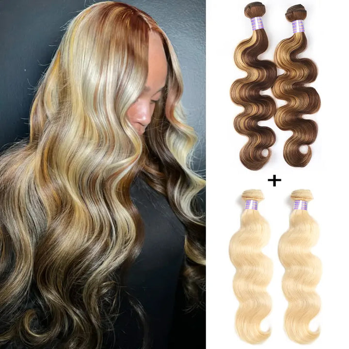 P4/27/613 Highlight Human Hair Bundles Body Wave Brazilian Virgin Hair for Sew In Quick Weave Hair Extensions Skunk Stripe Color - AlloveHair