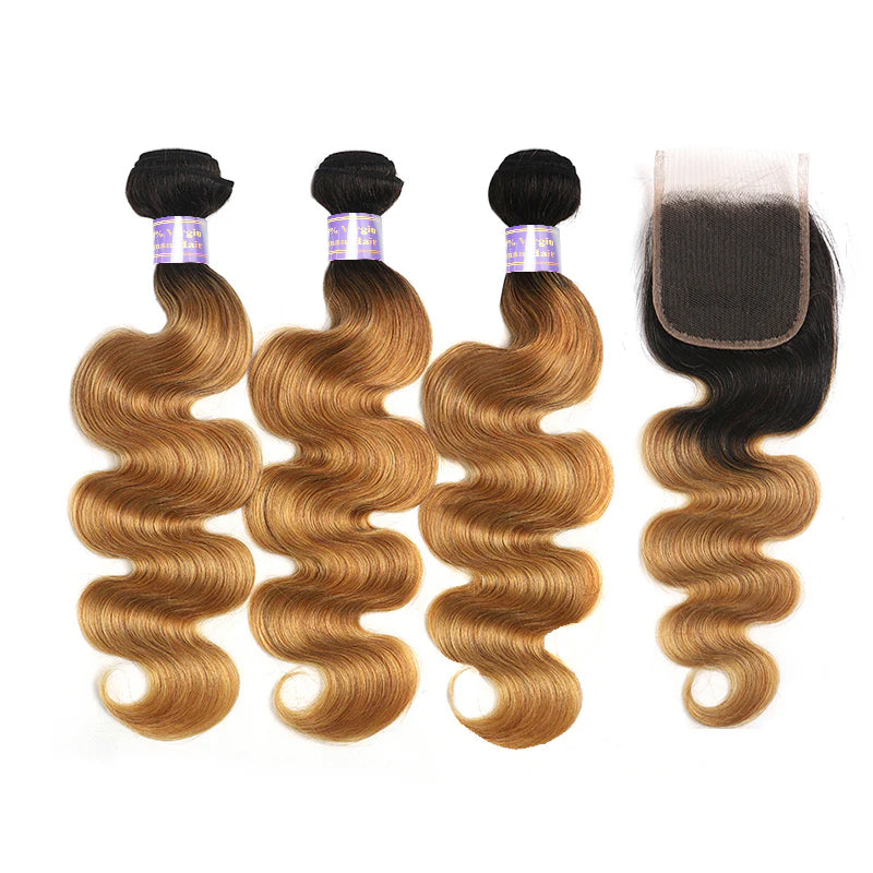 Ombre 1B/27 Body Wave 3 Bundles with 4x4 5x5 HD Lace Closure Pre Colored 100% Virgin Human Hair - AlloveHair