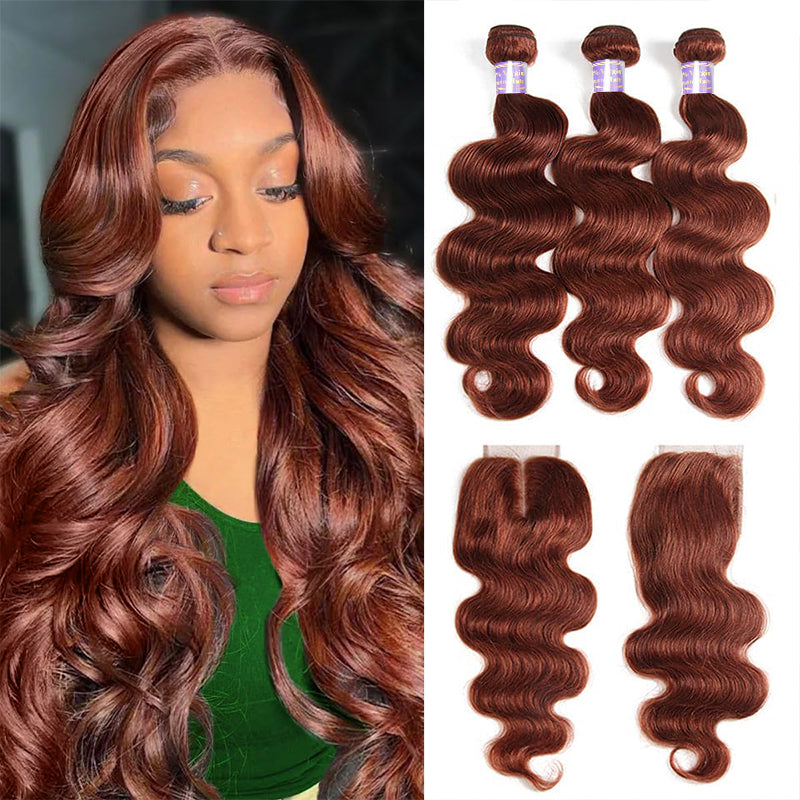 #33 Reddish Brown Body Wave 3 Bundles with 4x4 Lace Closure 100% Real Human Hair - AlloveHair