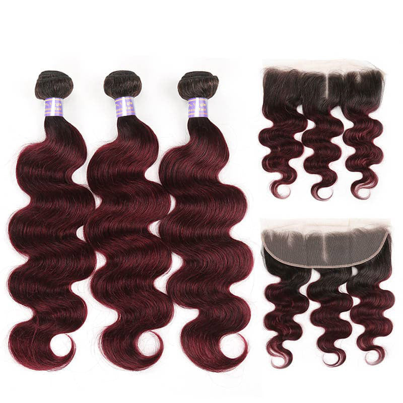 1B Dark Burgundy Body Wave 3 Bundles With 13x4 13x6 Lace Frontal 30 Inch Brazilian Human Hair - AlloveHair