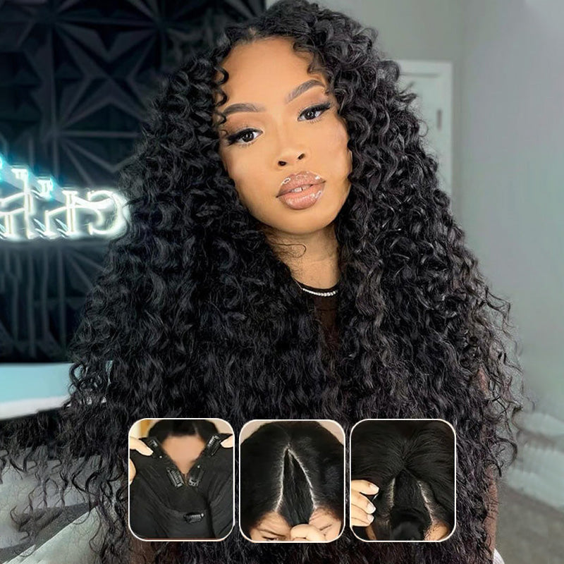 V Part Glueless Wig Unprocessed Human Hair Water Wave with Thin Part Beginner Friendly - AlloveHair
