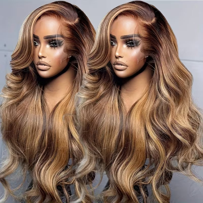 200% Density P4/27 Highlight Brown Colored Human Hair Wigs Skin Melt 13x6 Body Wave HD Lace Front Wigs