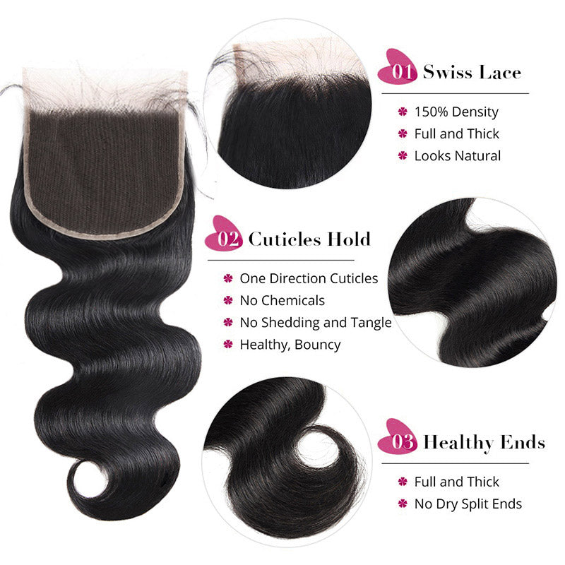 Body Wave Hair Bundles with Closure Brazilian Virgin Human Hair 3 Bundles with 7x7 HD Lace Closure - AlloveHair