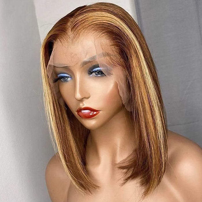 Highlight Straight Short Bob Wig Transparent 4x4 Lace Closure Human Hair Wigs Honey Blonde Ombre Highlight 13x4 Lace Front Wig
