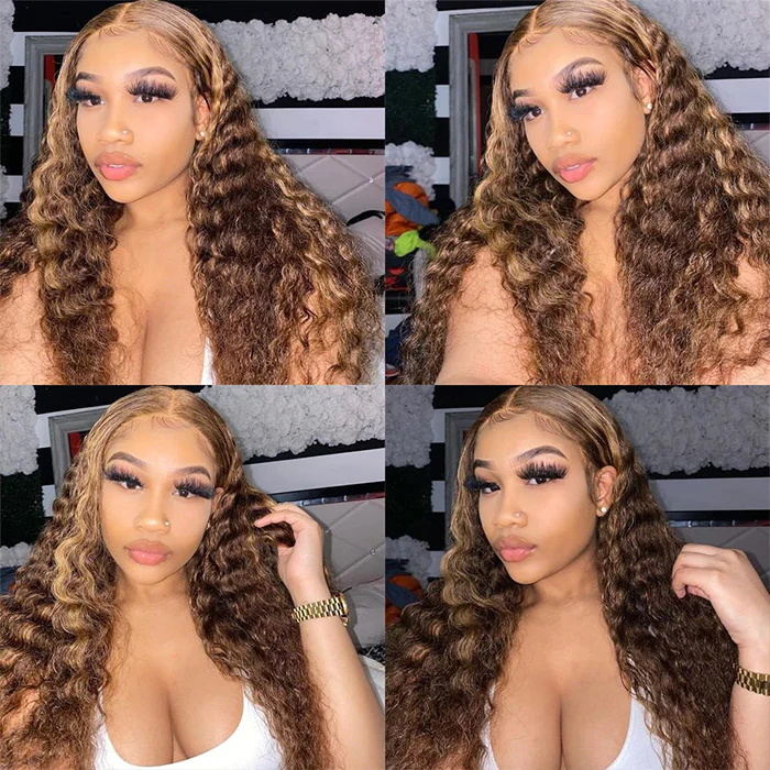 Wear And Go Honey Blonde Ombre Hair Deep Curly 4*4 Transparent Glueless Wig with Pre Plucked