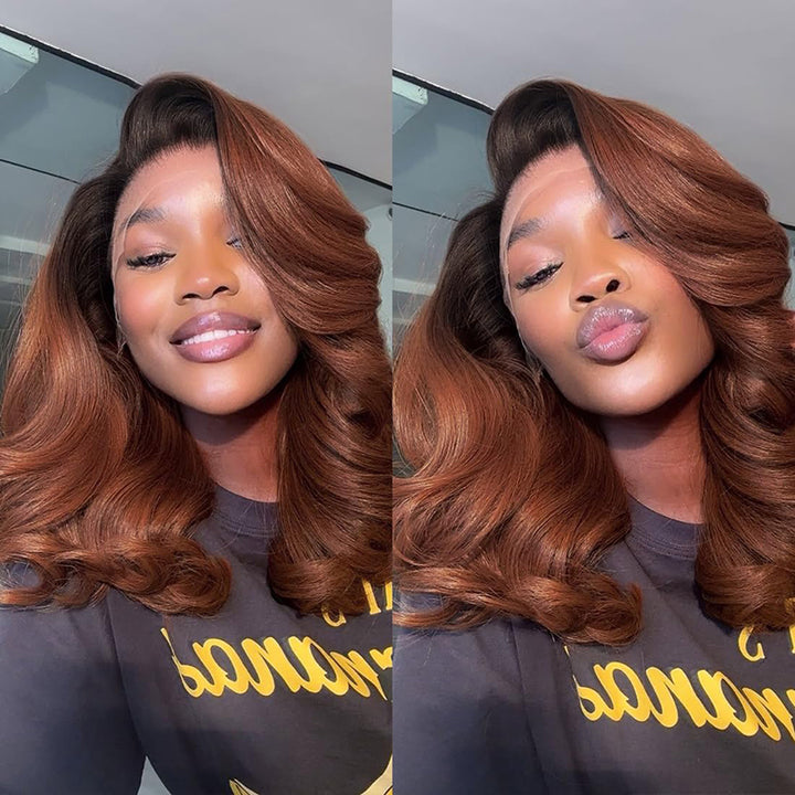Ombre Brown Short Human Hair Body Wave HD Lace Front Wigs for Women Pre Plucked 200% Density Colored Wigs