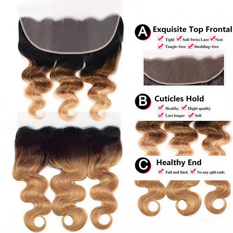 1B/4/27 Ombre Body Wave Virgin Human Hair 3 Bundles With 13x4 13x6 HD Lace Frontal Closure - AlloveHair