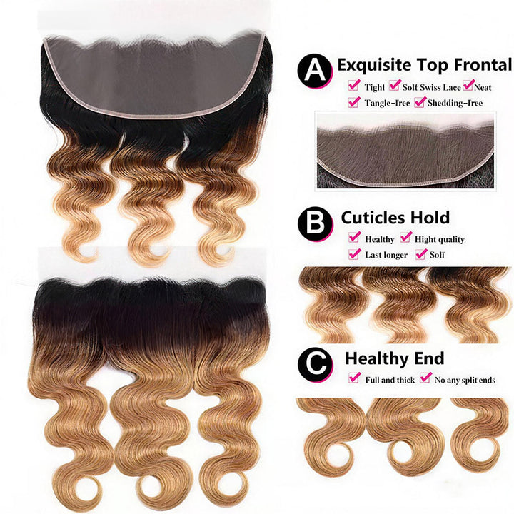 1B/4/27 Ombre Body Wave Virgin Human Hair 3 Bundles With 13x4 13x6 HD Lace Frontal Closure - AlloveHair