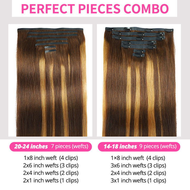 [Final Price - No Code Needed] P4/27 Highlight Brown Seamless PU Clip in Hair Extensions Silky Straight Human Hair Pieces 9Pcs / 7Pcs - AlloveHair