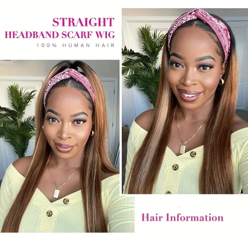 Honey Blonde Ombre Hair With Headband Straight Human Hair Non Lace Wig