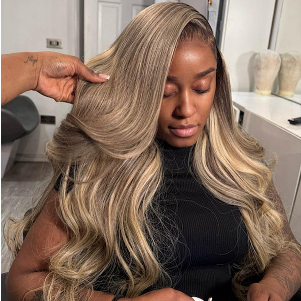 200% Density Ombre Milk Tea Ash Blonde with Brown Highlights 13x6 Lace Front Wig Human Hair - AlloveHair