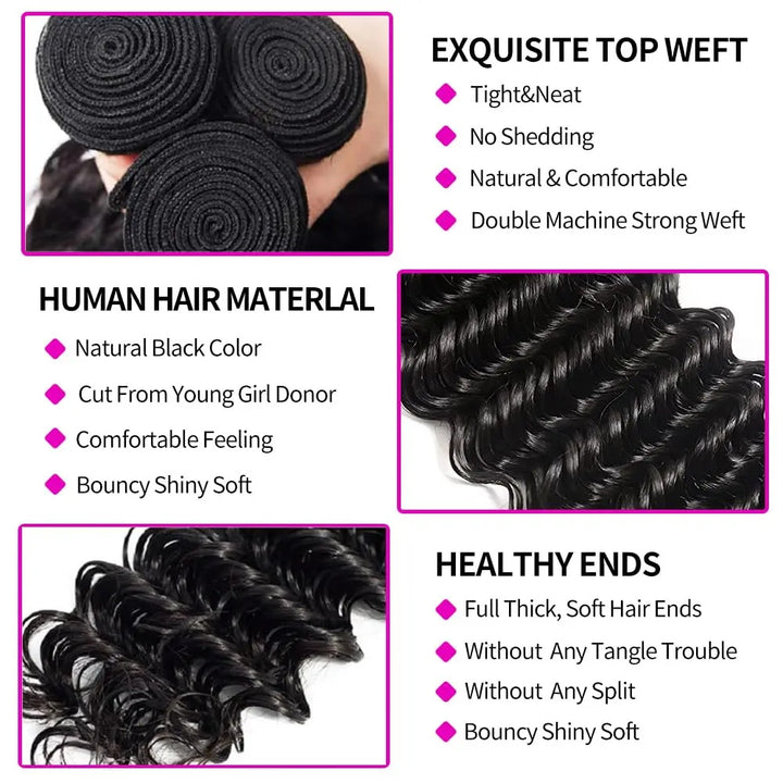 Allove Hair Brazilian Deep Wave 3 Bundles with 4*4 Lace Closure Human Hair Extensions