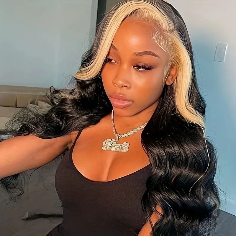 Allove Skunk Stripe Natural Black with 613 blonde Body wave 13x4 Transparent Lace Front Human Hair Wig