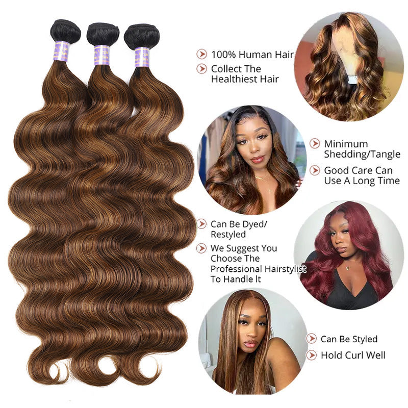 [Ship From US] Allove Hair #FB30 Brown Balayage Highlight Body Wave Human Raw Hair Bundles - AlloveHair