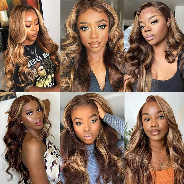 Highlight Ombre Colored Wear And Go Glueless Body Wave 4x4 HD Lace Closure Human Hair Wigs with Pre Plucked