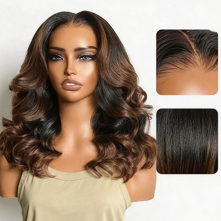 Ombre Brown Natural Loose Wave Glueless Wig Shoulder Length Wig Pre-Cut HD Lace Wig - AlloveHair