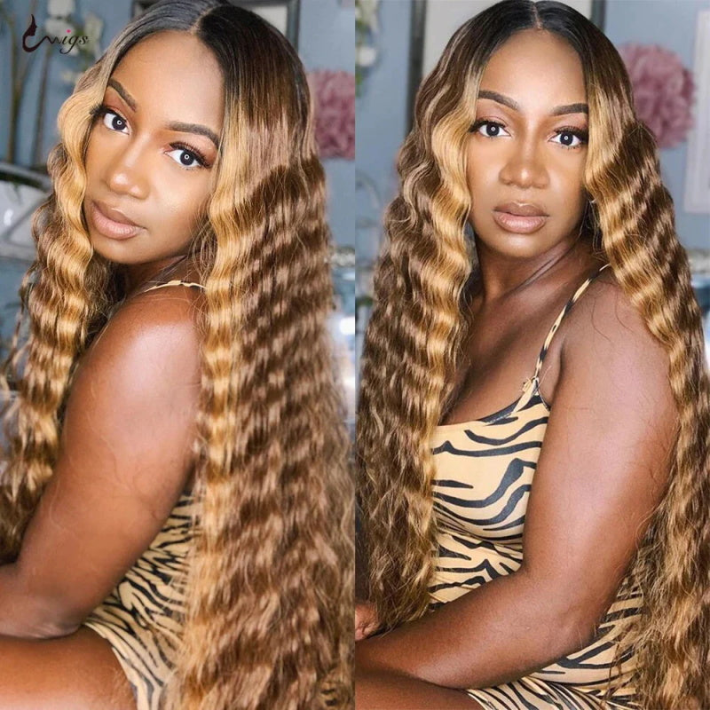 Allove P4/27 Highlight Human Hair 3 Bundles Loose Deep Wave Hair With 4x4 Transprent Lace Closure