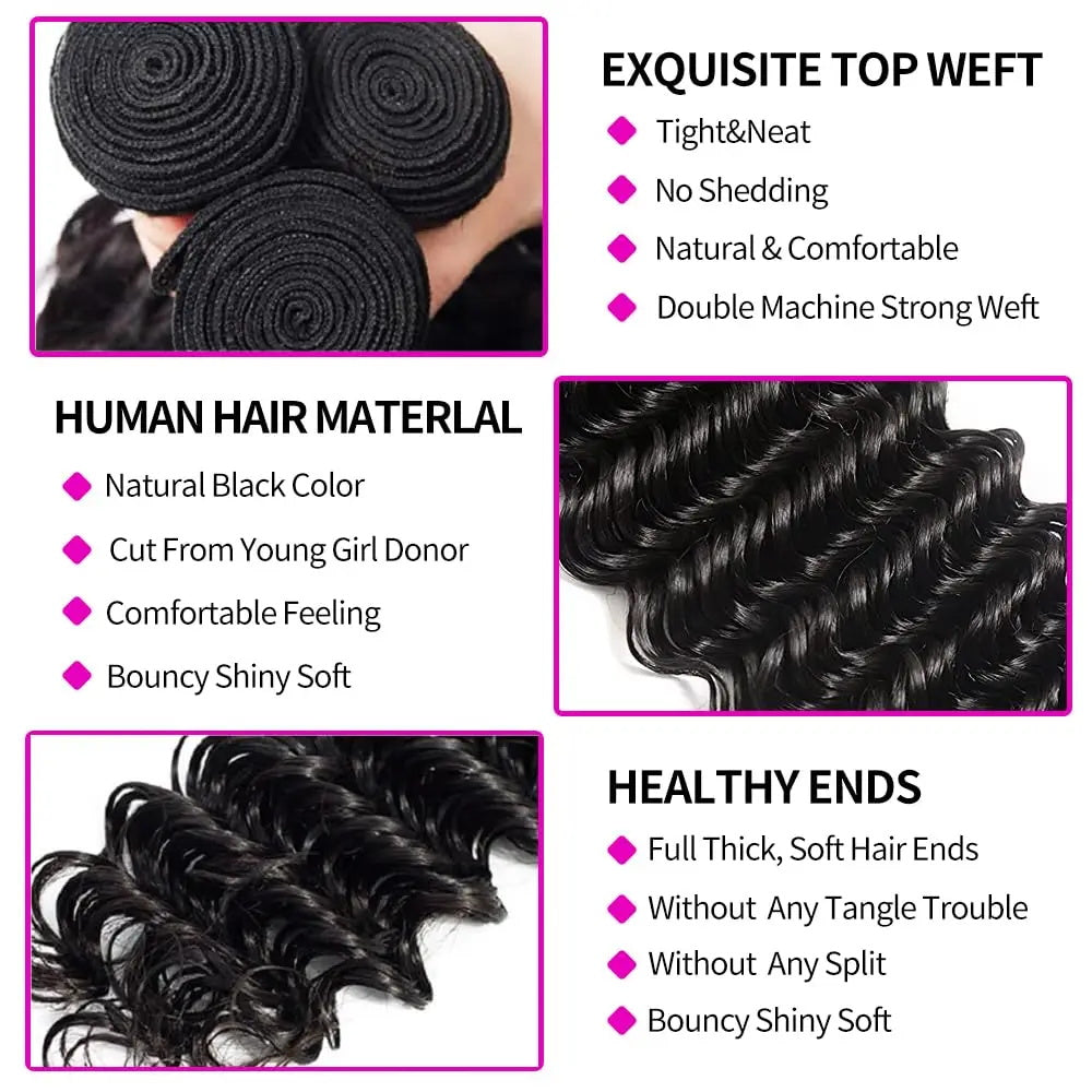 Allove Hair Malaysian Deep Wave 3 Bundles With 360 Lace Frontal Closure