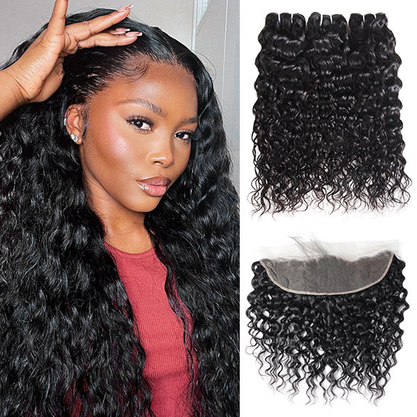 Brazilian Human Hair Water Wave 3 Bundles With 13*4 Lace Frontal Closure