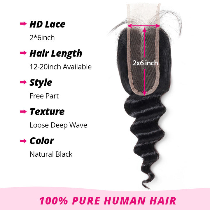 Allove 2x6 Deep Parting HD Lace Closure with Bundles Loose Deep Wave Bundles with Closure Human Hair Weave Extensions