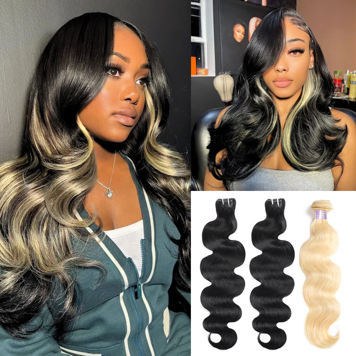 [New Trend] Black Hair With Blonde Peekaboo Highlights Body Wave Human Hair Bundles - AlloveHair