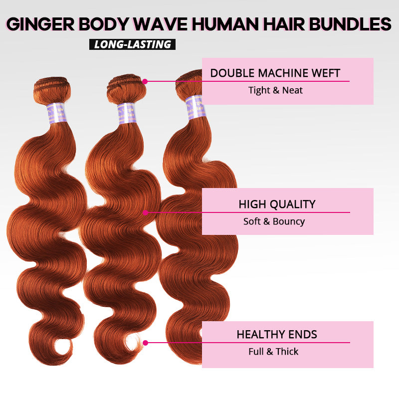 #350 Ginger Orange Bundles with 2x6 Lace Closure Virgin Body Wave Human Hair 3 Bundles with HD Lace Closure - AlloveHair