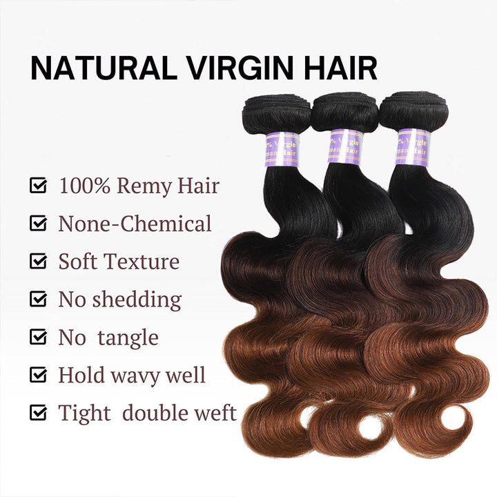 T1B/2/30 Chestnut Brown 3 Tone Ombre Color Body Wave Human Hair 3 4 Bundles Colored Sew in Quick Weaves - AlloveHair