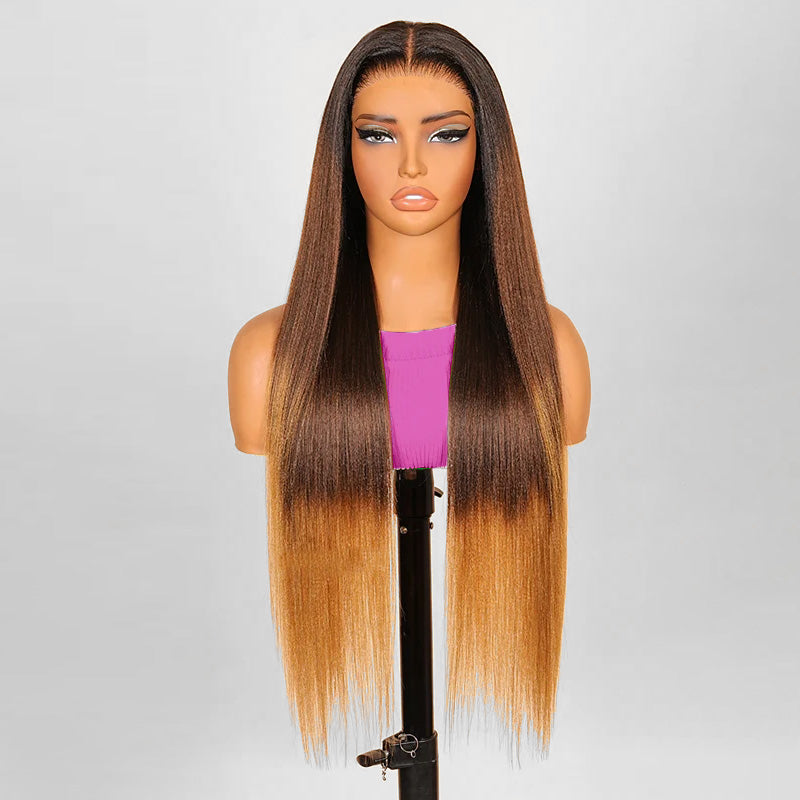 Luxury Yaki Straight 200% Density Dark Brown to Honey Blonde Ombre Color Glueless Human Hair Wig - AlloveHair