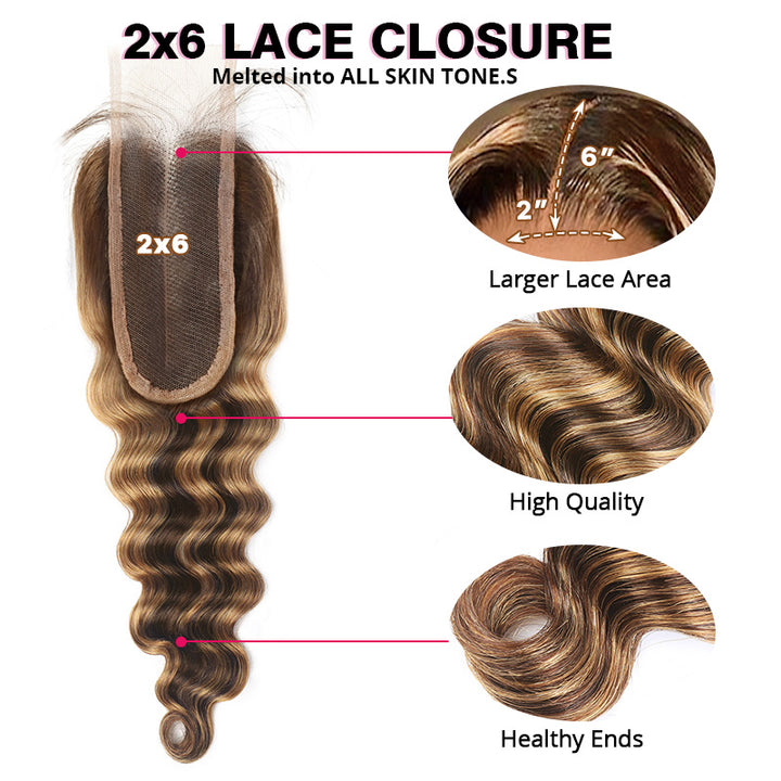 P4 27 Highlight Loose Deep Wave Hair Bundles with 2x6 HD Lace Closure 100% Ombre Human Hair