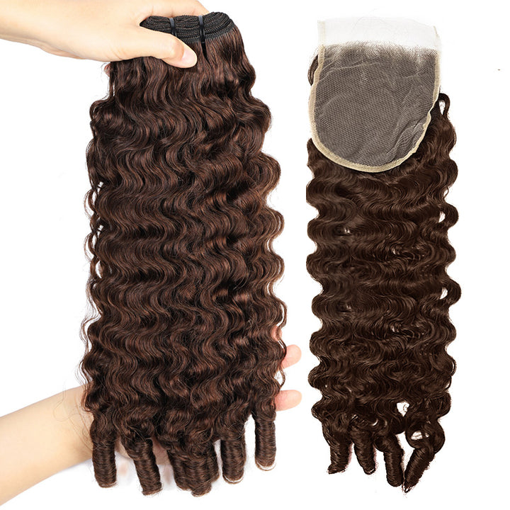 #4 Brown Colored Burmese Curly Human Hair 3 Bundles With 4x4 Transparent Lace Closure